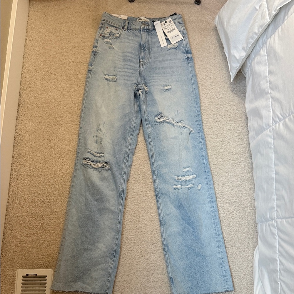 Zara Distressed Slim Fit Wide Leg High Rise Jeans